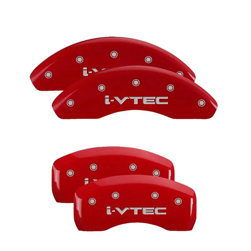 Mgp Engraved 4-Piston Caliper Covers For I-Vtec Applications – Front & Rear, Red Finish With Silver Accent 1