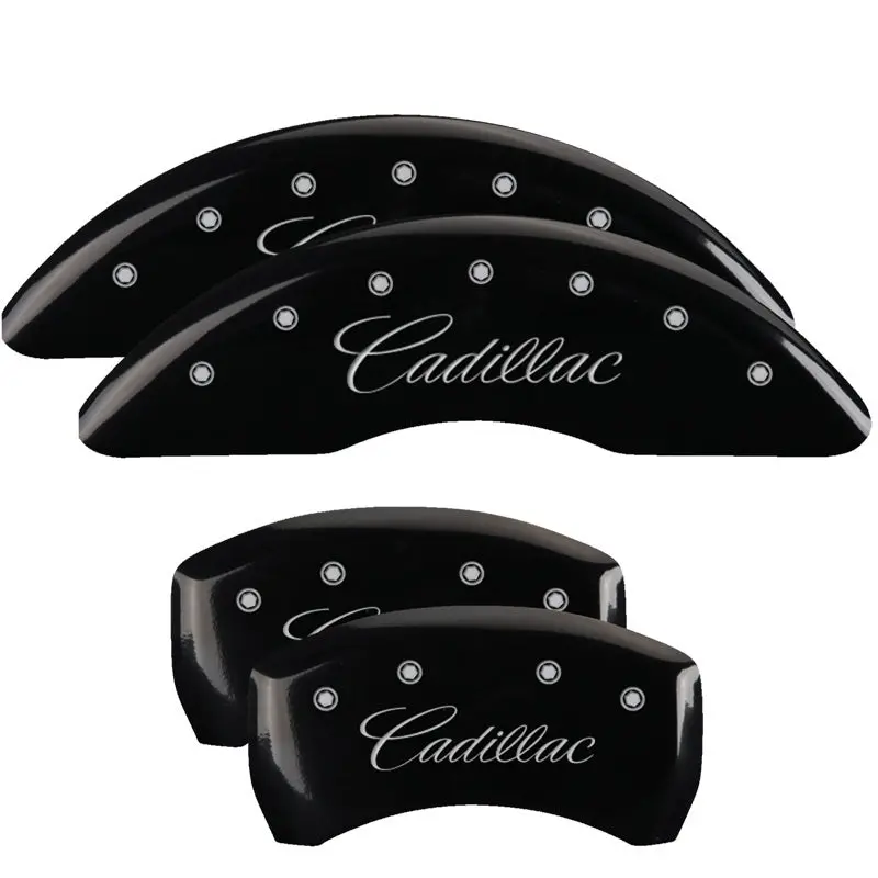 Mgp Engraved 4-Piston Caliper Covers – Front And Rear, Cursive Cadillac Design, Black Base With Silver Accent 1