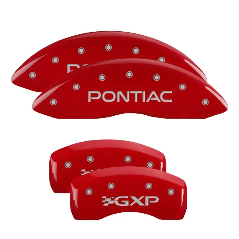 Mgp Engraved 4-Piston Caliper Covers — Front Pontiac / Rear Gxp Design, Red Finish With Silver Chrome Accents 1