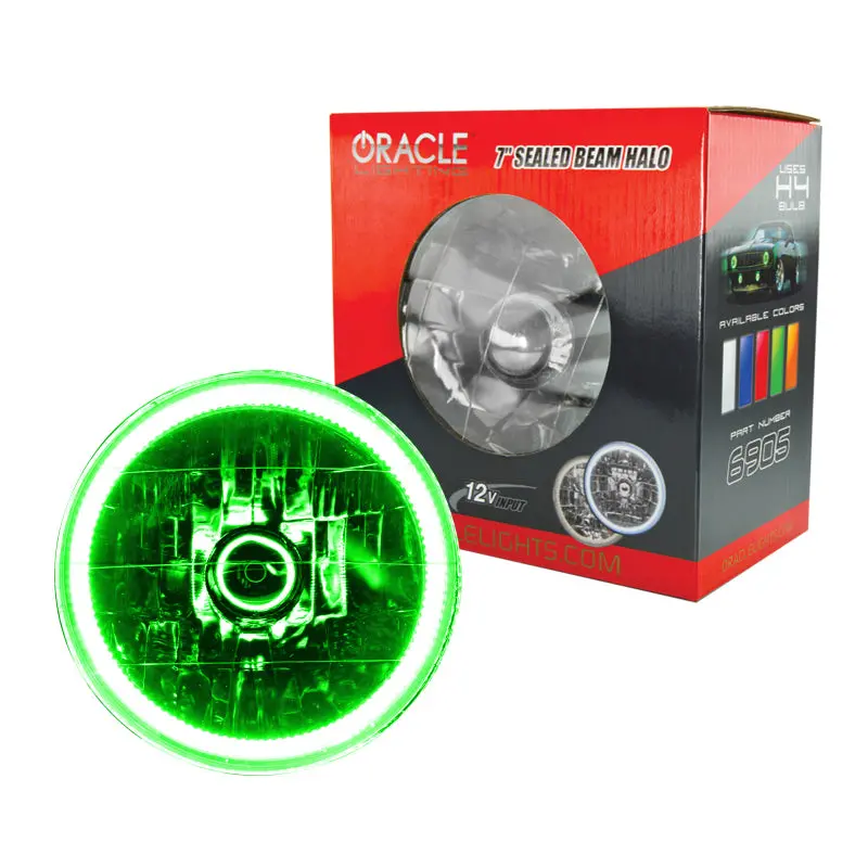 Oracle Pre-Wired Sealed Beam Headlight – 7-Inch Green Halo Accent Design 1